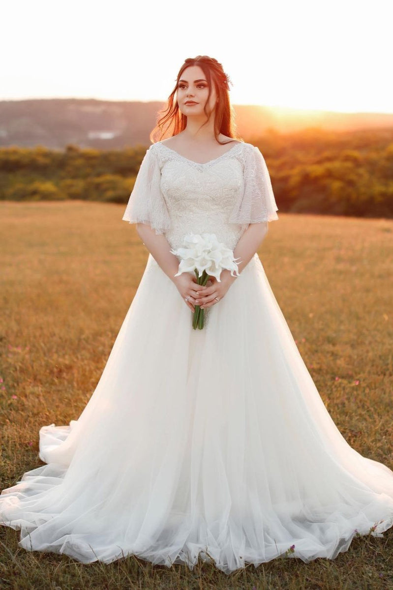 Lace Tulle Ball Gown Wedding Dress V Neck Short Sleeves – TANYA BRIDAL