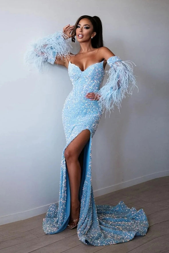 Sequins Sky Blue Mermaid Prom Dresses With Detachable Sleeve Feathers