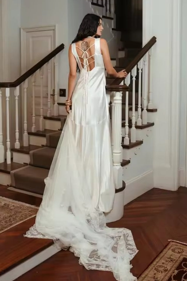 V-Neck Satin Wedding Dresses With Simple Necklace DW1091 – TANYA BRIDAL