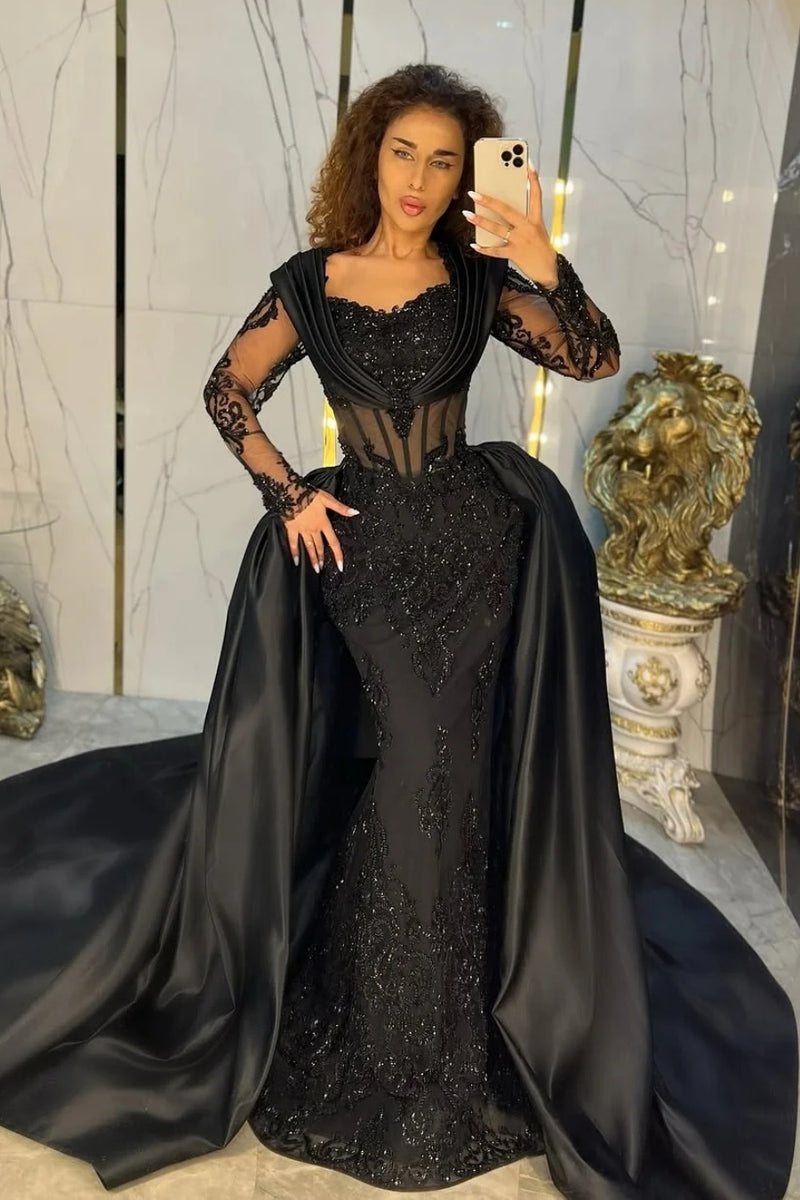 Black Sweetheart Long Sleeves Mermaid Prom Dress With Appliques  TANYA  BRIDAL