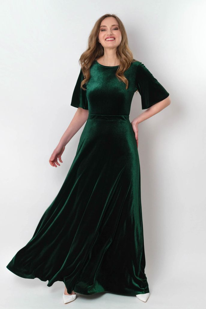 Green Velvet Short Sleeves A Line Bridesmaid Dress – TANYA BRIDAL
