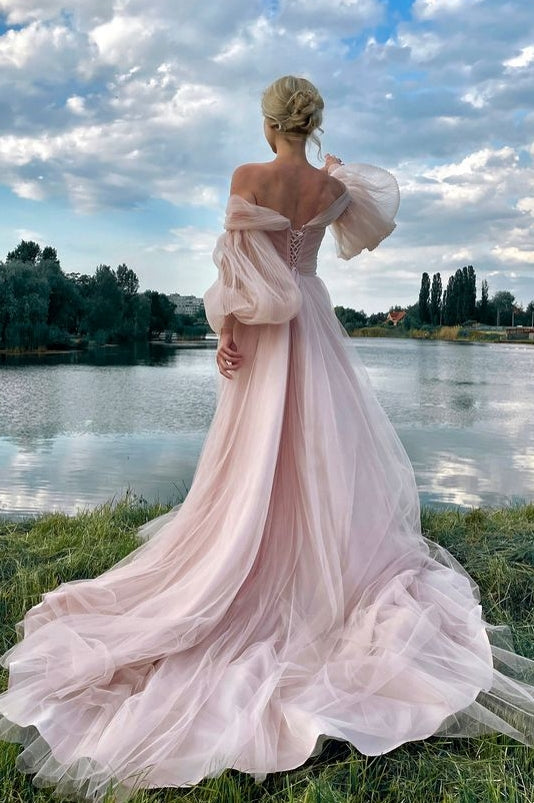 Off The Shoulder Dusty Pink Wedding Dress – TANYA BRIDAL
