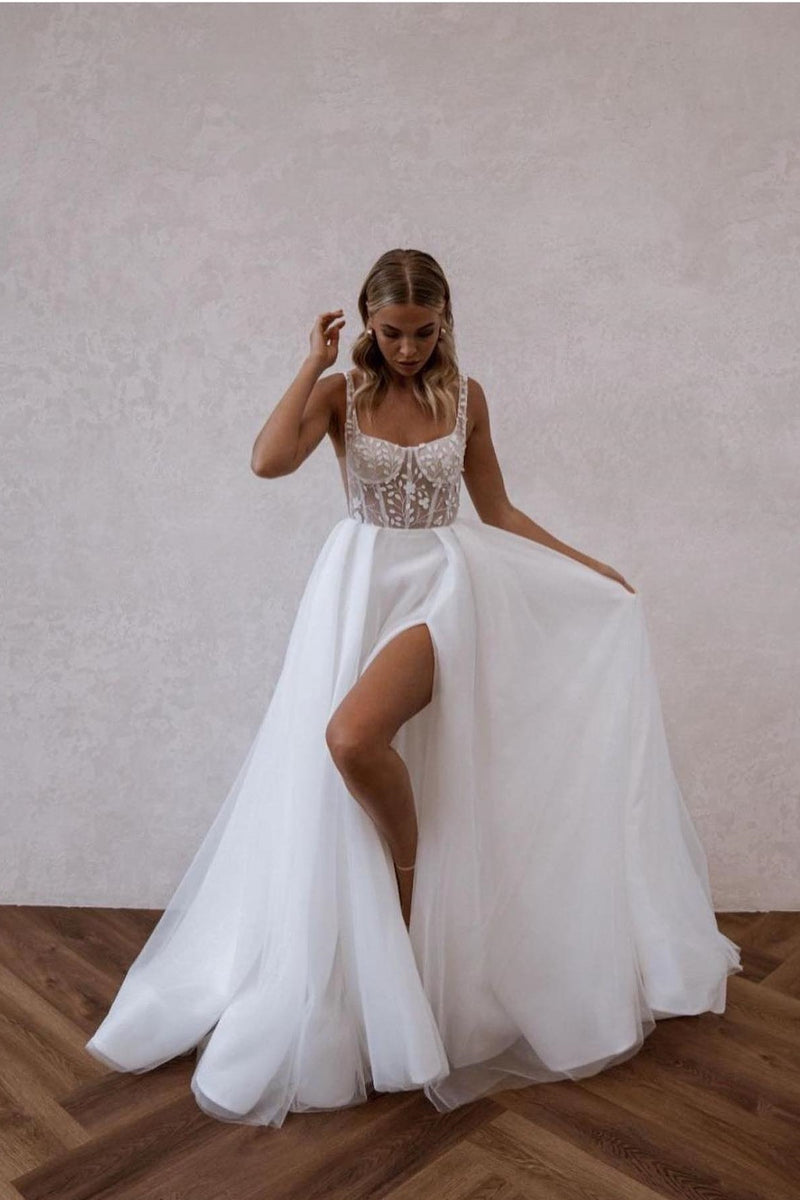 A-Line V Neck Spaghetti Straps Appliques Button Tulle Boho Wedding Dress Beach WW1022