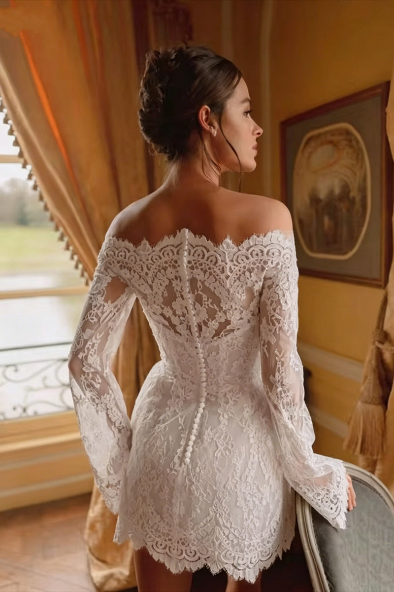 DZ9594 Lace Short Mini Wedding Dress with Long Sleeve – TANYA BRIDAL
