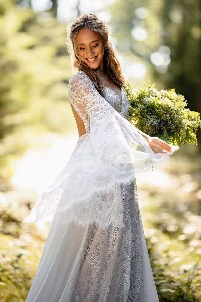 DZ9326 Long Flared Sleeves Boho V Neck Wedding Dress TANYA BRIDAL DZ9326 Long Flared Sleeves Boho V Neck Wedding Dress TANYA BRIDAL
