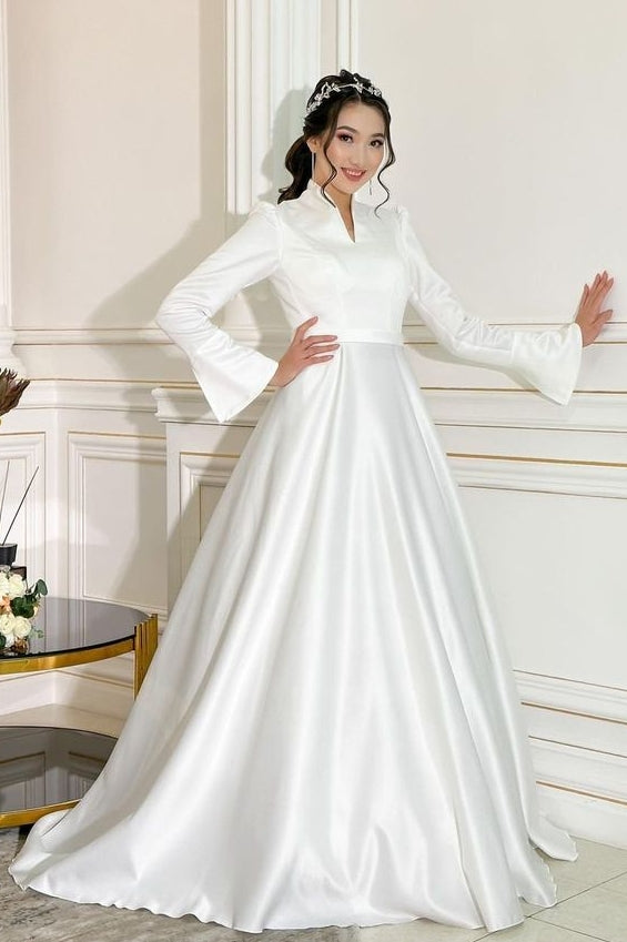 Modest Long Sleeve Classic Traditional Wedding Dress – TANYA BRIDAL