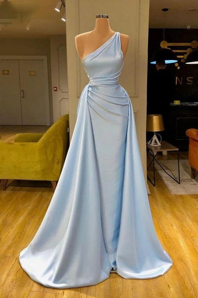 Light Blue Evening Gown Soft Pleated Long Prom Dress
