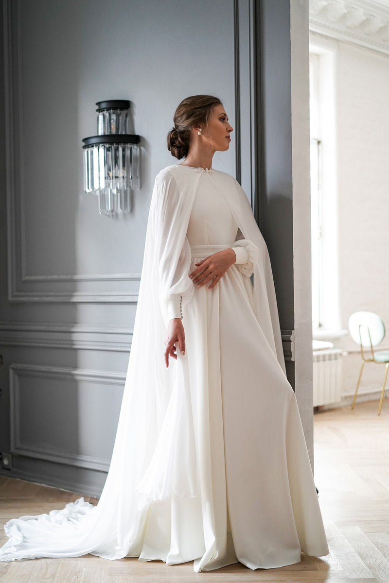 Chiffon Wedding Dress Full Sleeves With Cape – TANYA BRIDAL