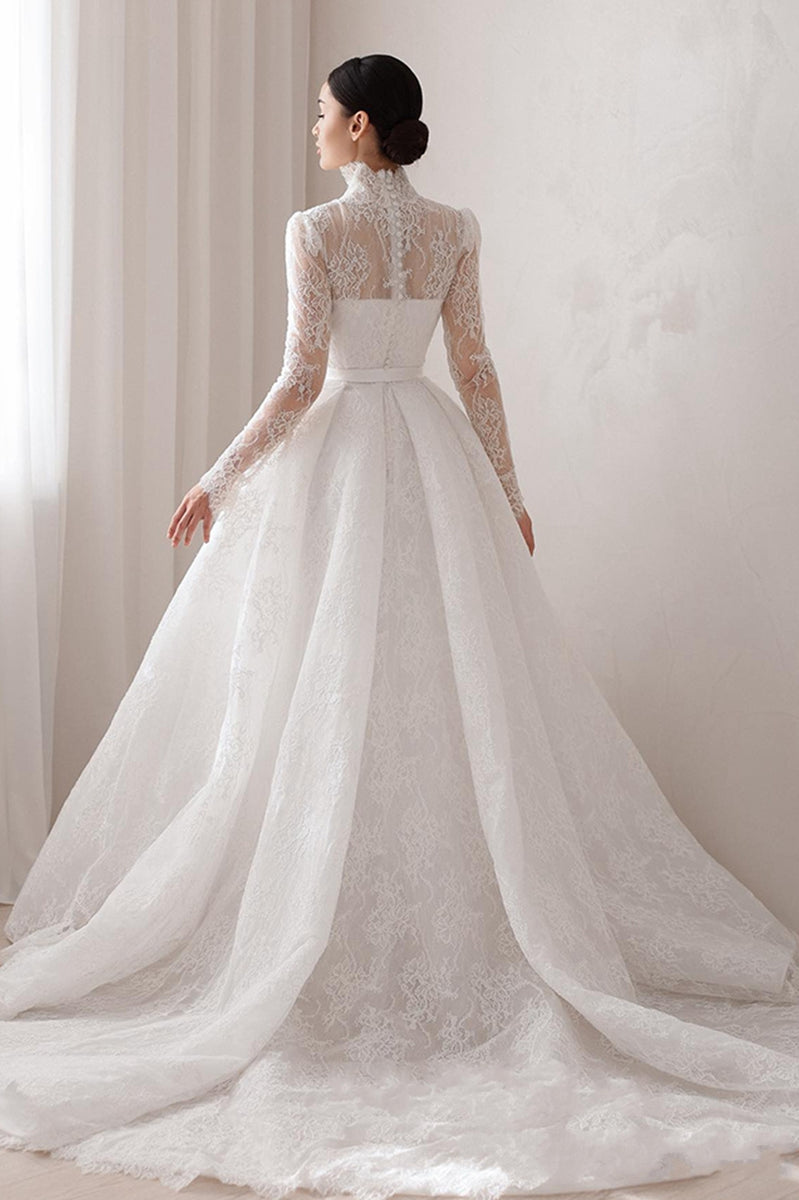 lace sleeve v neck wedding dress Simple A-line V-neck Open Back Long Sleeves Lace Wedding Dresses with  Split,MW410
