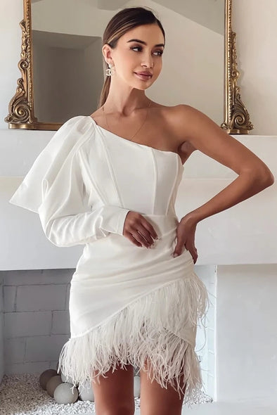 One Shoulder New Fashion Feather Straight Cocktail Party Dress