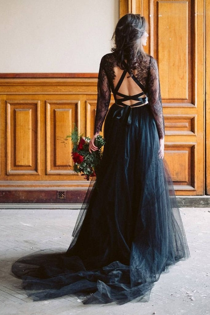 Black Wedding Dress Gothic Dress Lace Wedding Dress Long Sleeve – TANYA BRIDAL