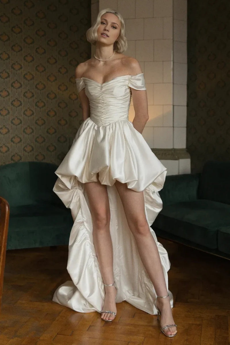 knee length dresses for ladies High Low Spaghetti Straps Backless Satin Beach Wedding Dress with Pockets main image 0