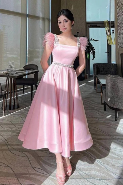 Pink Feather A Line Satin Short Prom Dress