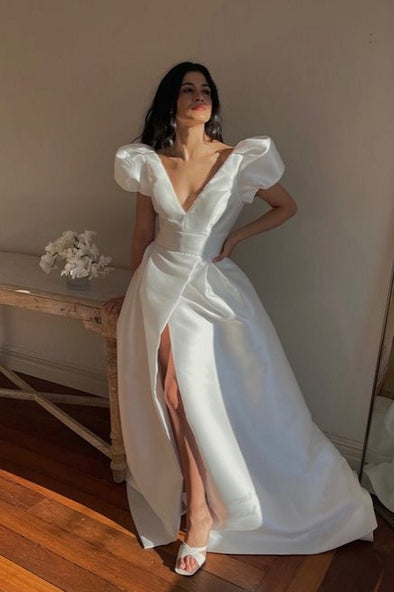 Modest V Neck A Line Simple Satin Wedding Dress