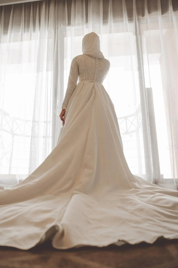 A Line Hajab Bride Gown Vestido De Noiva Muslim Wedding Dress