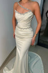 Elegant Long White Mermaid Prom Dresses With Rhinestone