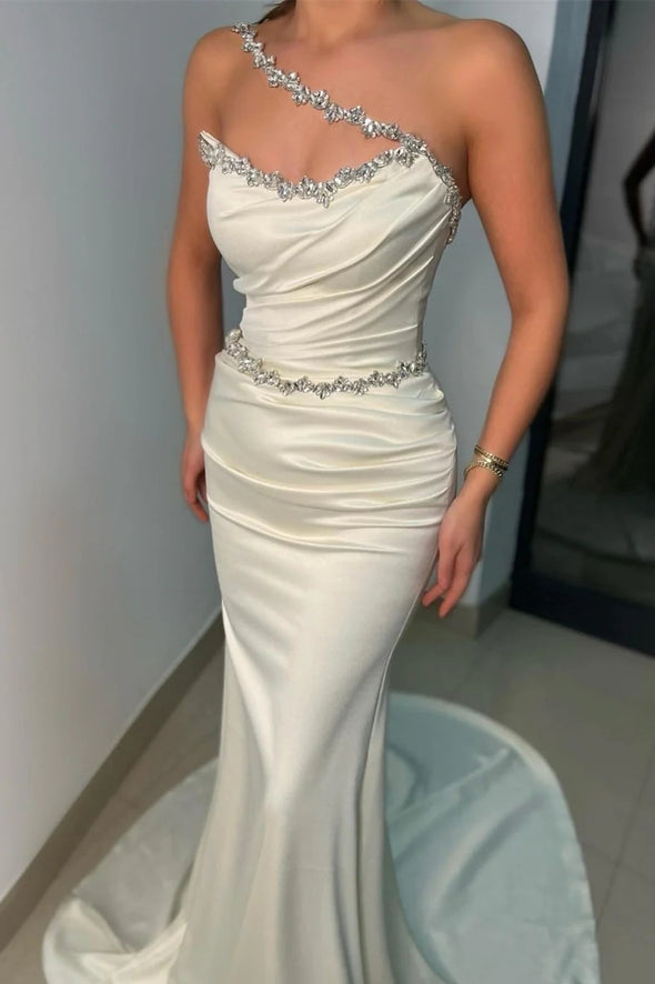 Elegant Long White Mermaid Prom Dresses With Rhinestone