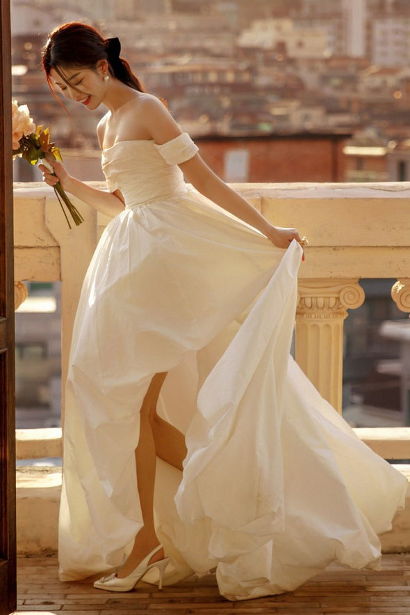 Taffeta Long Wedding Dress High Low Spring Bridal Gown 24311133
