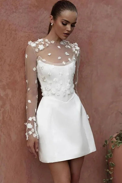 Sexy Mini Wedding Dresses Long Sleeve 3D Flower Lace Bridal Gowns