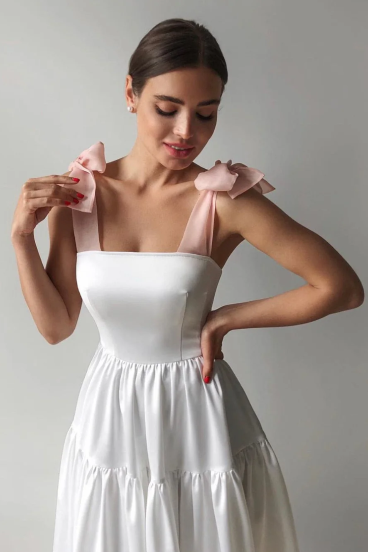 Tie Shoulder A Line Satin Modest Homecoming Dress – TANYA BRIDAL