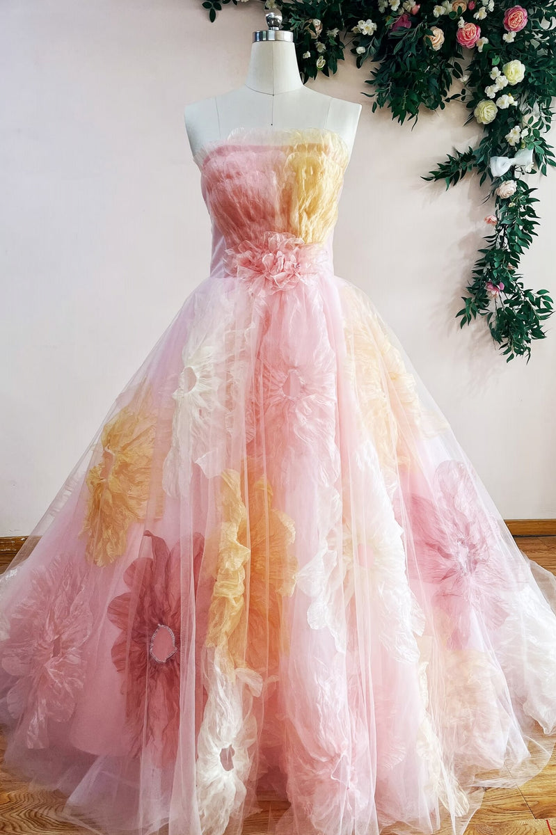 Unique Pink Ball Gown Prom Dress 3D Big Flower – TANYA BRIDAL