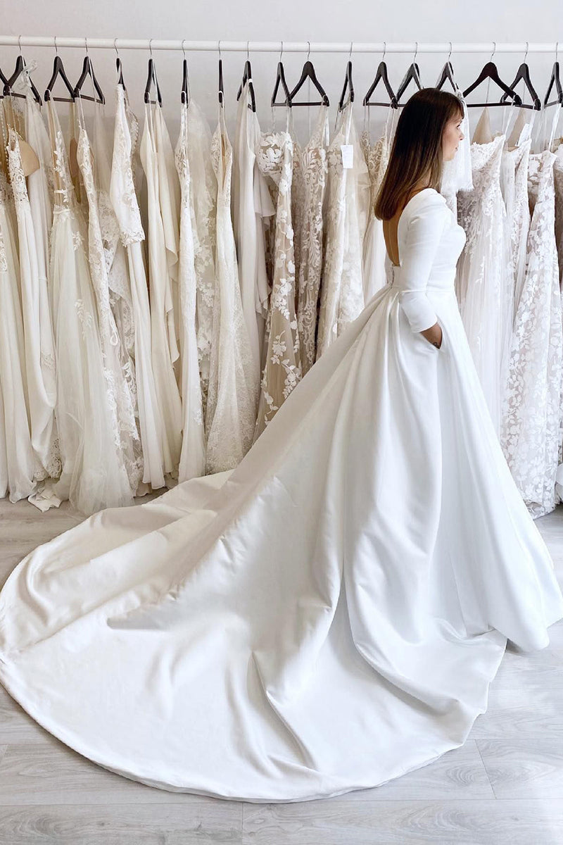 Long A-Line Bateau Neck Court Train Polyester Backless Wedding Dresses with Sleeves