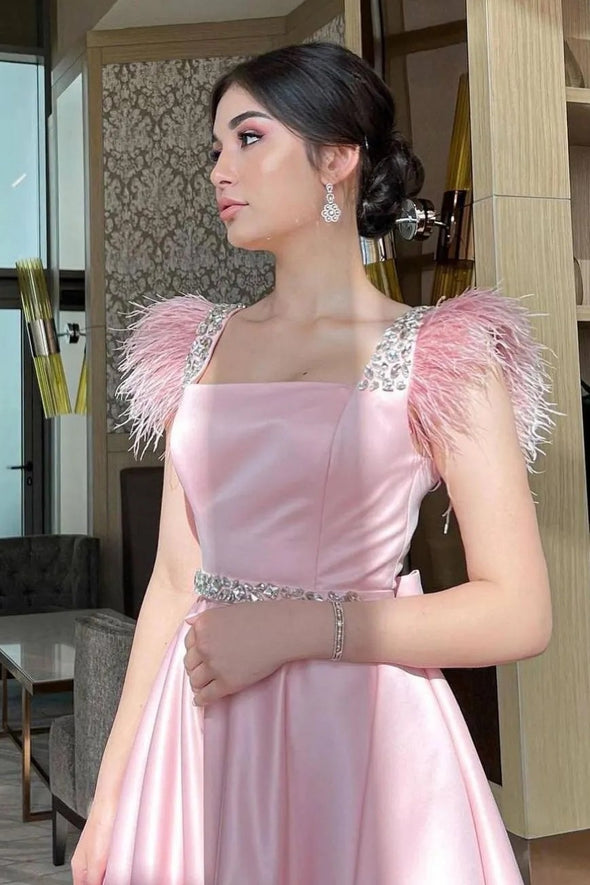 Pink Feather A Line Satin Short Prom Dress