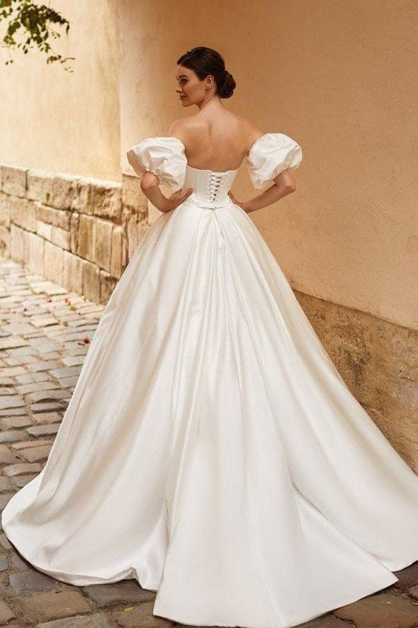 A Line Satin Wedding Dress With Detachable Sleeves Embroidery Lace