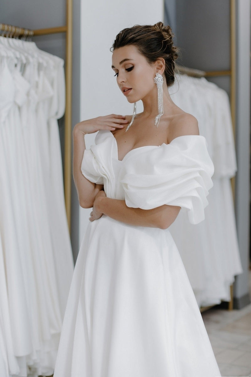Elegant A Line Off The Shoulder Satin Slit Pleated Long Wedding Dresses C4427 main image 1