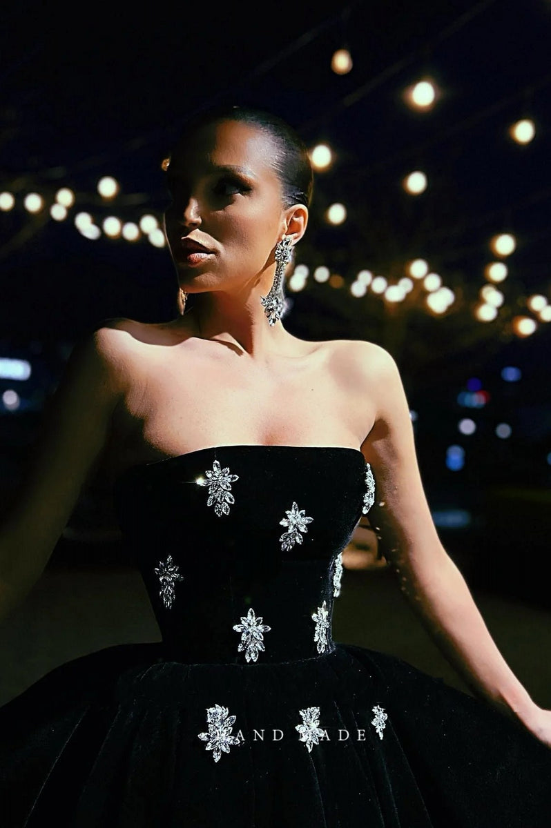 Black Velvet Midi Prom Dresses With Crystal – TANYA BRIDAL