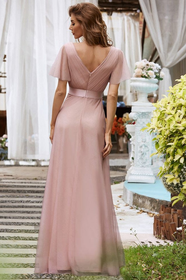 Modest Short Sleeves A Line Tulle Dusty Pink Bridesmaid Dress – TANYA BRIDAL