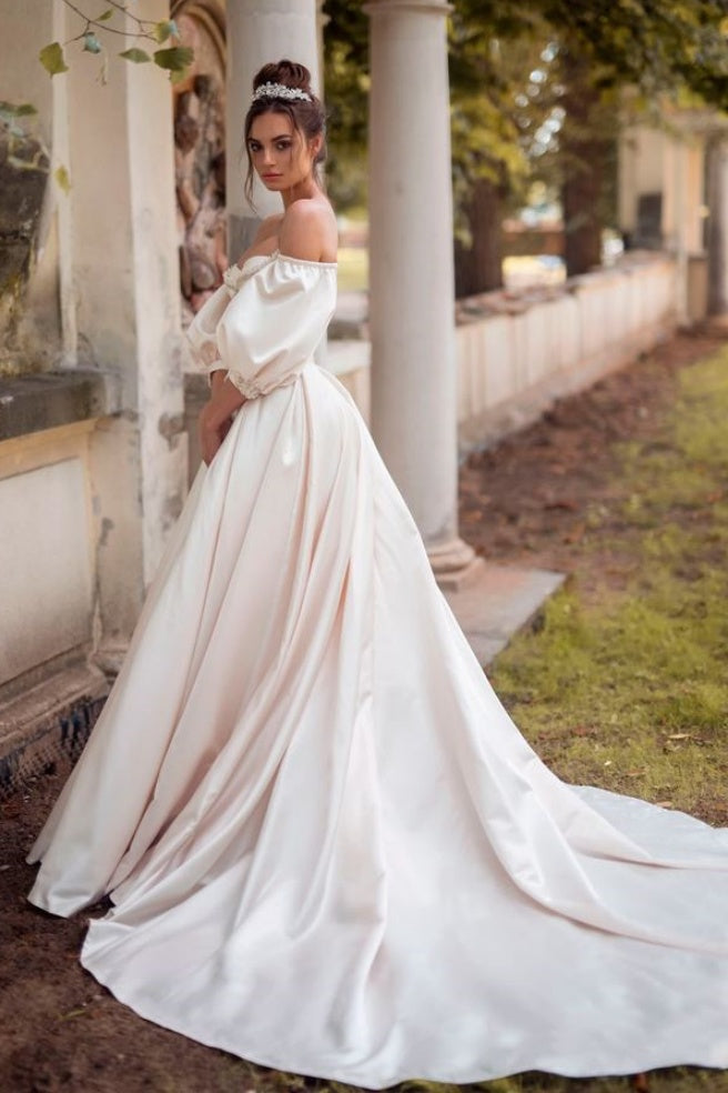 Luxury Satin Long Wedding Dress With Train – TANYA BRIDAL
