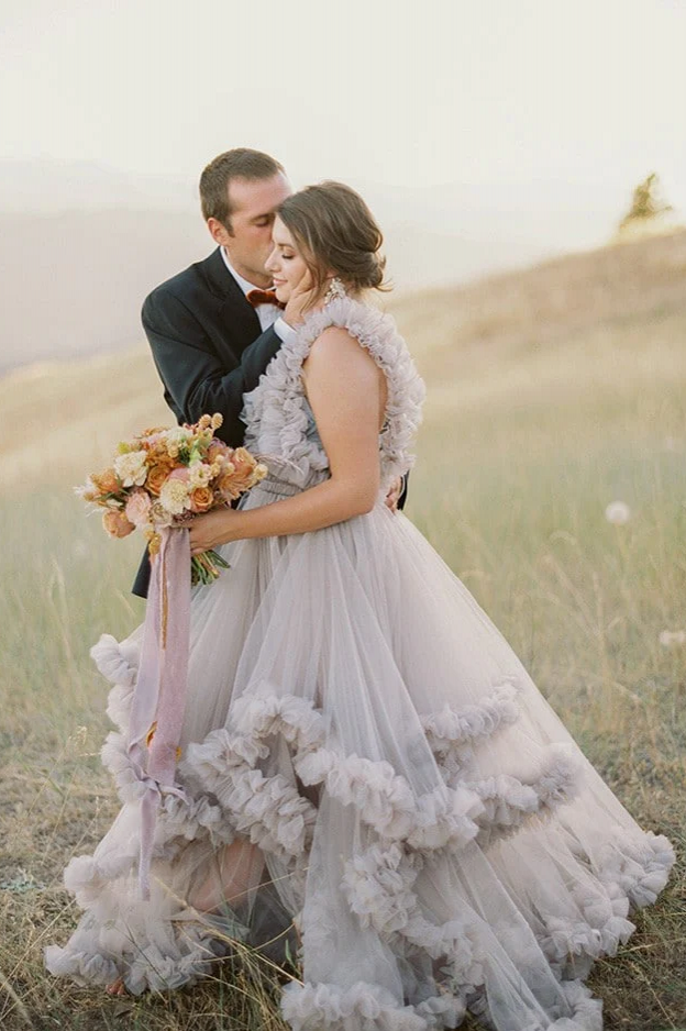 grey boho wedding dress Wedding Lightness Bohemian Light Grey And White Soft Tulle And Bridal Gown Boho Beach A Line Butterfly Sleeve Modern Rustic Dress