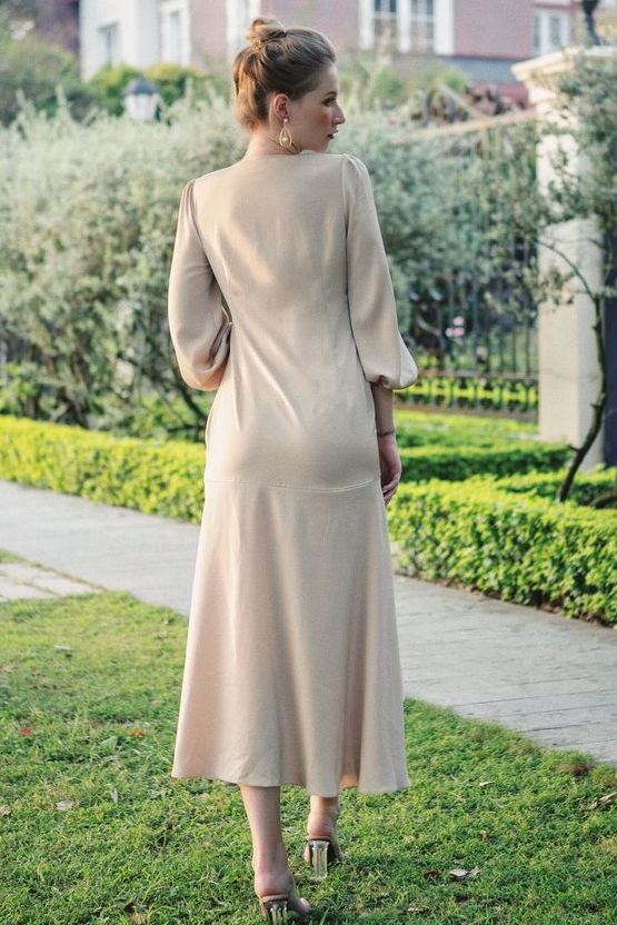 Ful Sleeves V Neck Champagne Simple Bridesmaid Dress