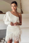 One Shoulder New Fashion Feather Straight Cocktail Party Dress