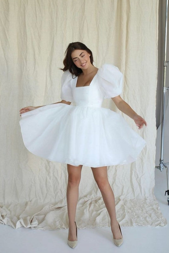 White Organza Square Neck Mini Homecoming Dress With Pearls