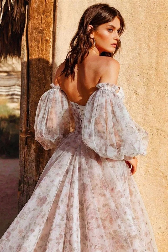 Printed A Line Wedding Dresses Lantern Sleeve ZW500 – TANYA BRIDAL