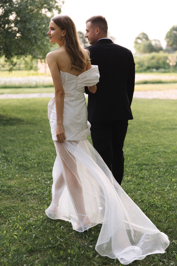 One Shoulder Short Taffeta Wedding Dress With Organza Skirt