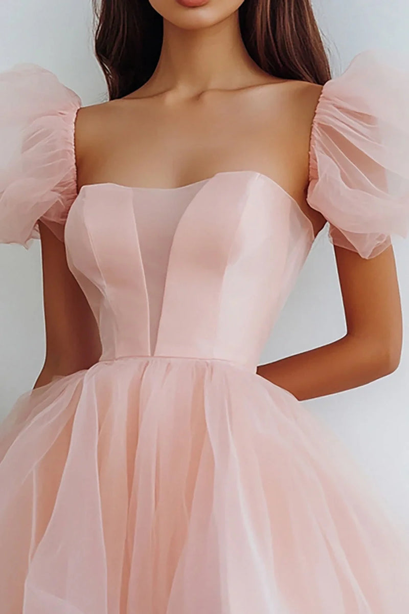 short pink puff sleeve tulle dress KissProm Lilac Corset Strapless Homecoming Dress, Lilac / 0 Iron Low Heat. DOLLY V-BACK PUFF SLEEVE ORGANZA
