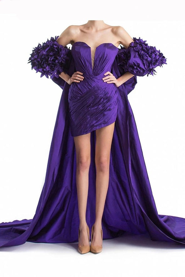 Purple Mini/Short Evening Gowns With Detachable Sleeved Cape