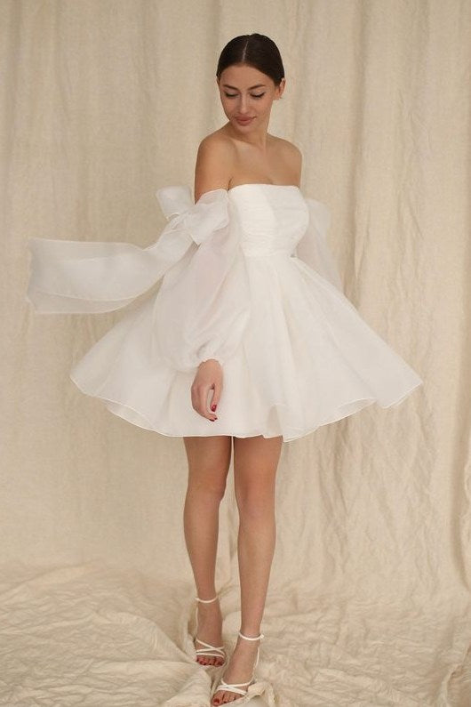 Simple Organza White Homecoming Dress With Detachable Bow Sleeve