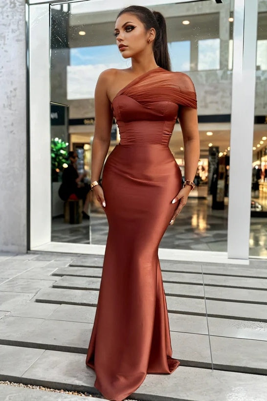 One Mesh Shoulder Long Mermaid Bridesmaid Dress