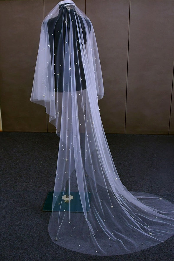 V186 Long Arabic Wedding Veil With Pearls Two Layers