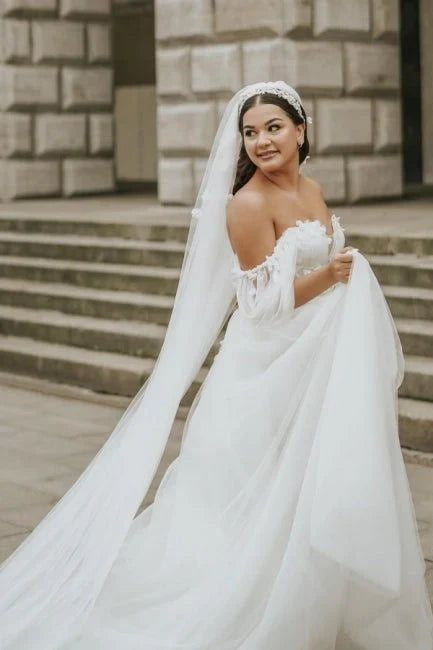 Beautiful A line Off The Shoulder Tulle Floral Wedding Dresses main image 1