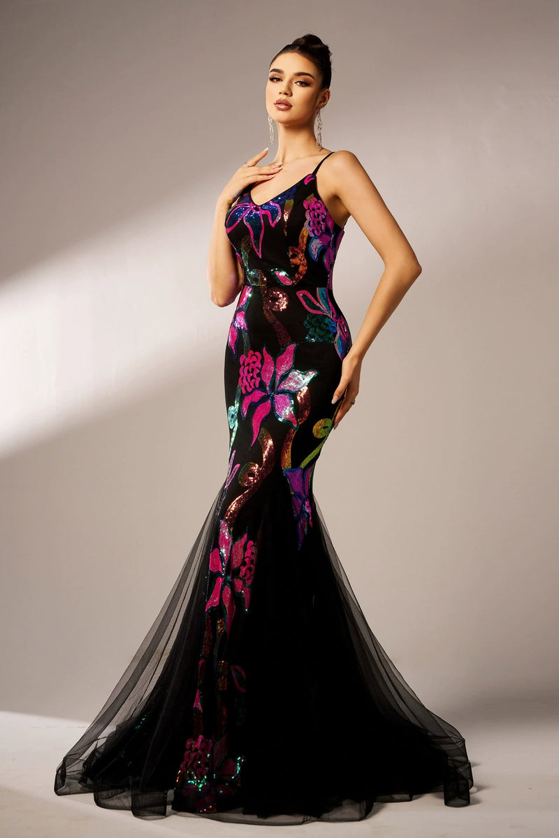 Sexy Jewel Spaghetti Straps Mermaid Long Satin Floral Formal Dresses For Women main image 1