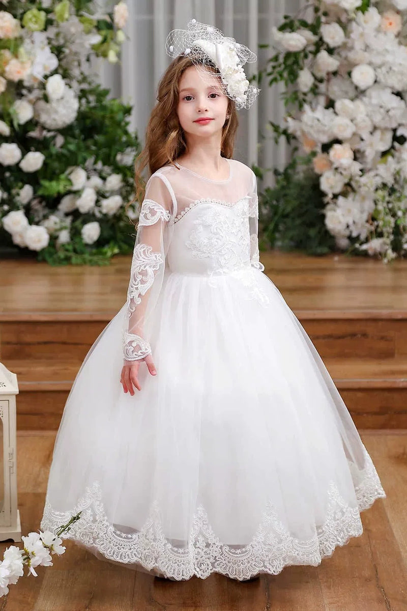 ivory flower girl dresses with sleeves Ball Gown Cap Sleeves Appliqued Ivory Flower Girl Dress, Puffy Cute Flower  Girl Dress UF070