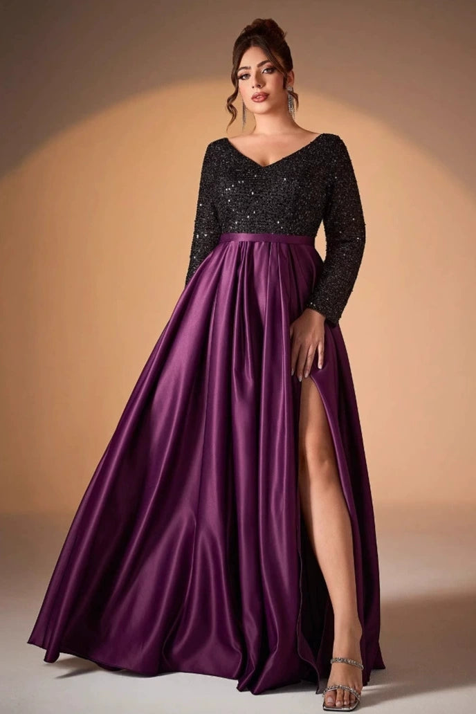 DZ9453 Long Sleeves Black Sequins Plus Size Purple Evening Dress – TANYA  BRIDAL