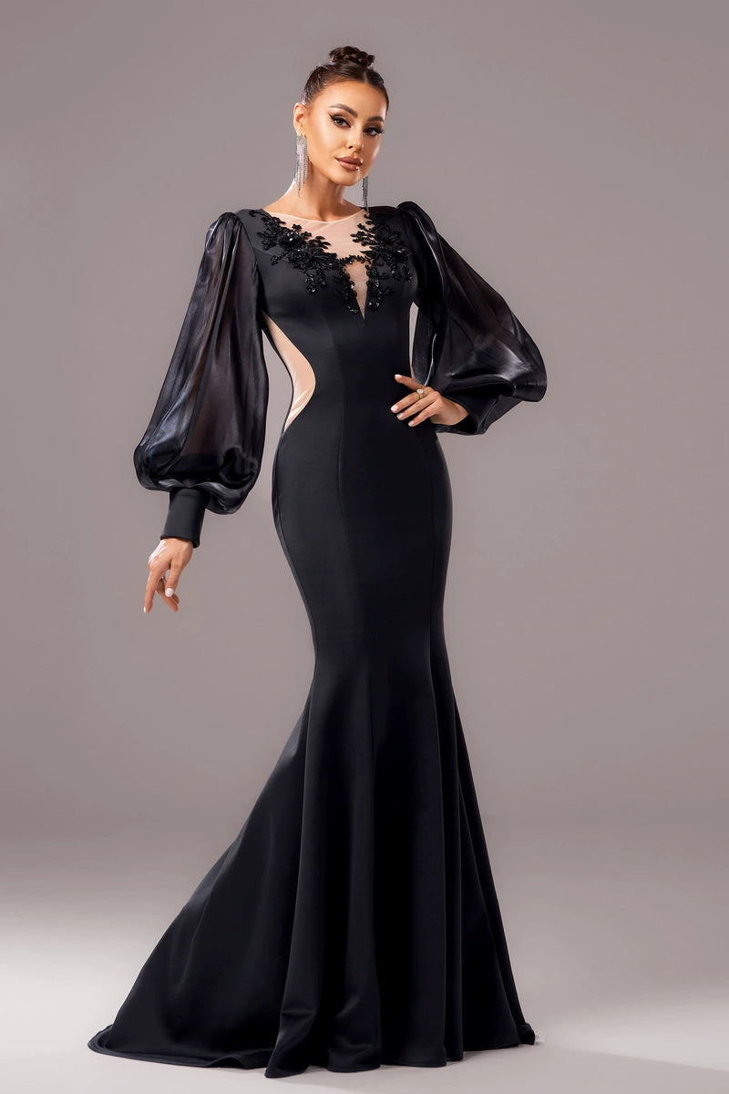 V Neck Mermaid Long Sleeves Elegant Evening Dress  TANYA BRIDAL