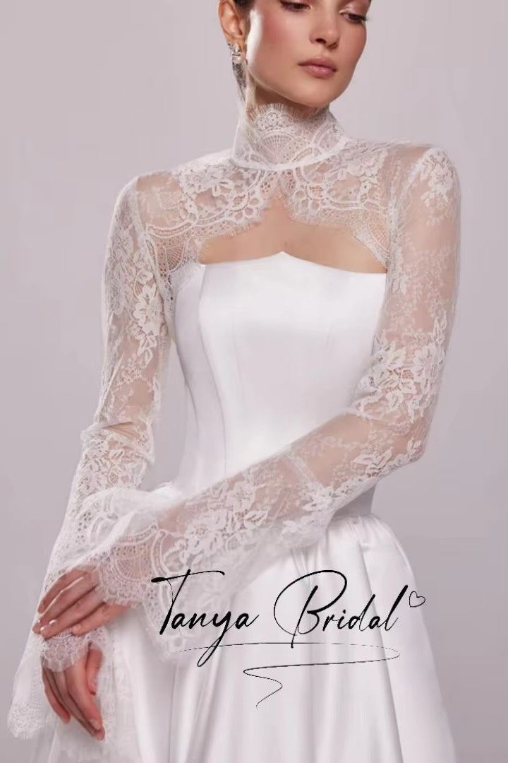 lace bolero jacket wedding dress Bridal Long Sleeves High Neck Flare Sleeves Buttons – TANYA BRIDAL colourway-coratieback 4 ~ 8 Size Color:Pale Violet Red Aerie Drop Waist Bow