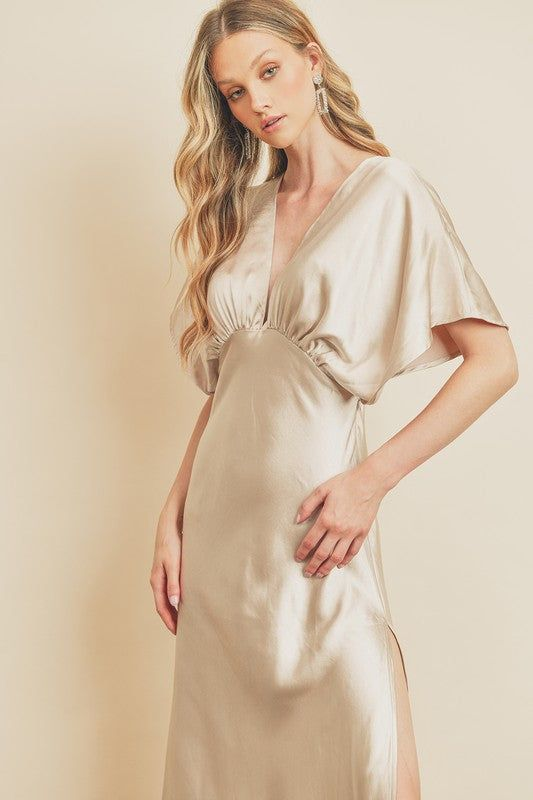Kimba drop sleeve bridesmaid dress with a split